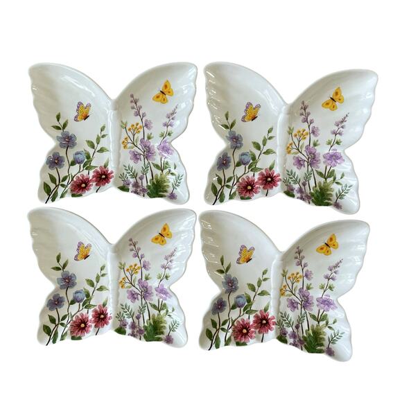 MAXCERA Spring Floral Butterfly Shaped Ceramic Dinner Plates 11x9 Set of 4 New - Picture 7 of 16